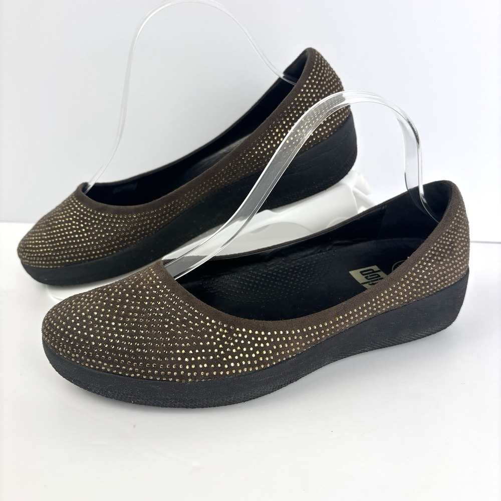FitFlop Superballerina Brown Suede Gold Stud Ballet Flats Comfort US 7.5-8.5 W